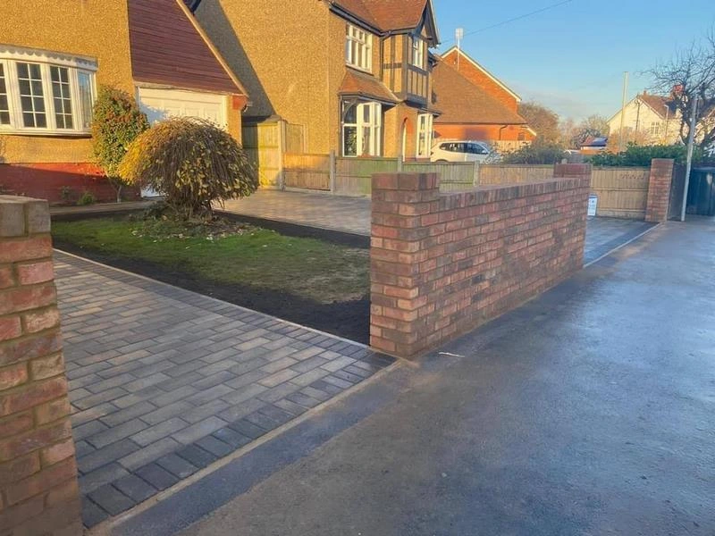 Block Paved Driveway With Wall Front Garden Block-paved driveway and path beside a brick wall and front garden
